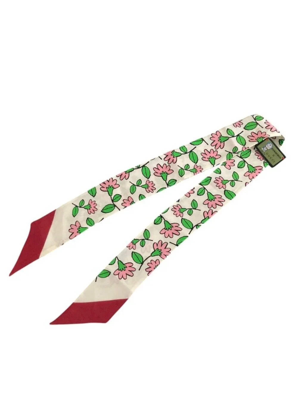 Gucci Doraemon Silk Flower Print Neck Bow Scarf White Multicolor